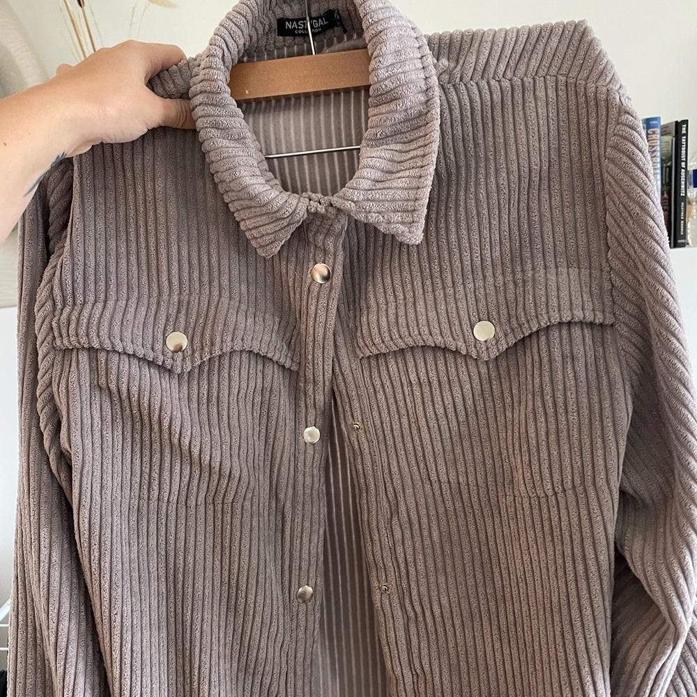 Lilac cord button shacket